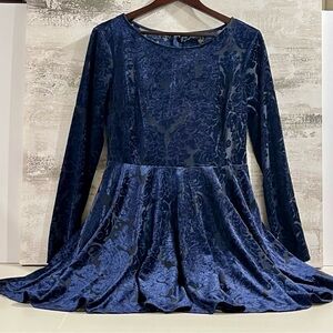 Vtg CITY TRIANGLES Blue VELVET BURNOUT‎ Black Mini Dress Women's 11 SKATER XMAS
